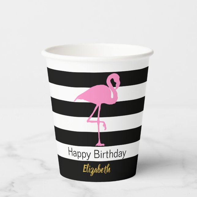 Eleganter rosa Flamingo Schwarz-Weiß Streifen Name Pappbecher (Vorderseite)