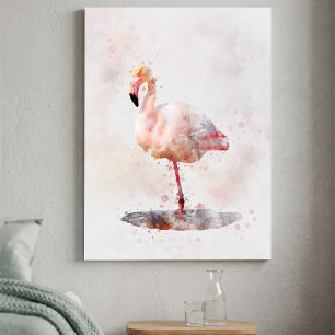 Eleganter Rosa Flamingo stehend in Wasserfarben Leinwanddruck