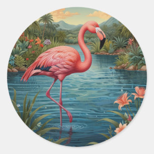 Eleganter rosa Flamingo tropisches Paradies Runder Aufkleber