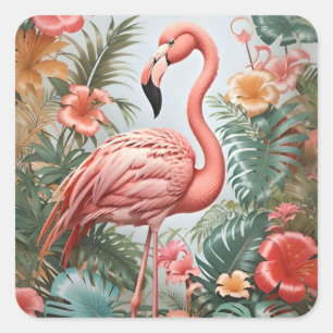 Eleganter Rosa Flamingo-Vogel und tropische Blumen Quadratischer Aufkleber
