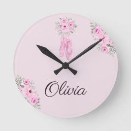Eleganter rosa Floral Ballerina Personalisierter N Runde Wanduhr