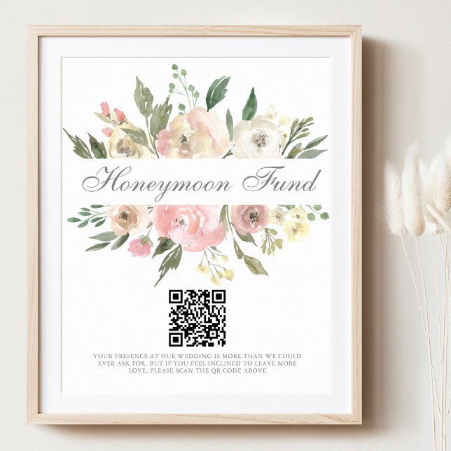 Eleganter Rosa Floral Wedding Honeymoon Fund QR Co Poster (Von Creator hochgeladen)