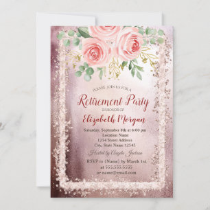 Eleganter rosa floraler Glitterrahmen Ruhestand Einladung