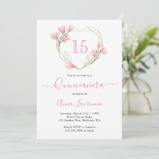 Eleganter rosa, floraler Herzrahmen Quinceanera Einladung