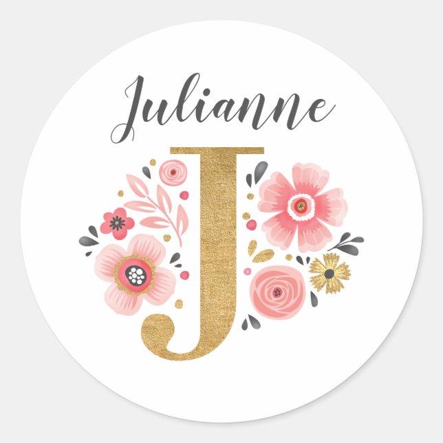Eleganter rosa floraler Monogram, Initialbrief J Runder Aufkleber (Vorderseite)