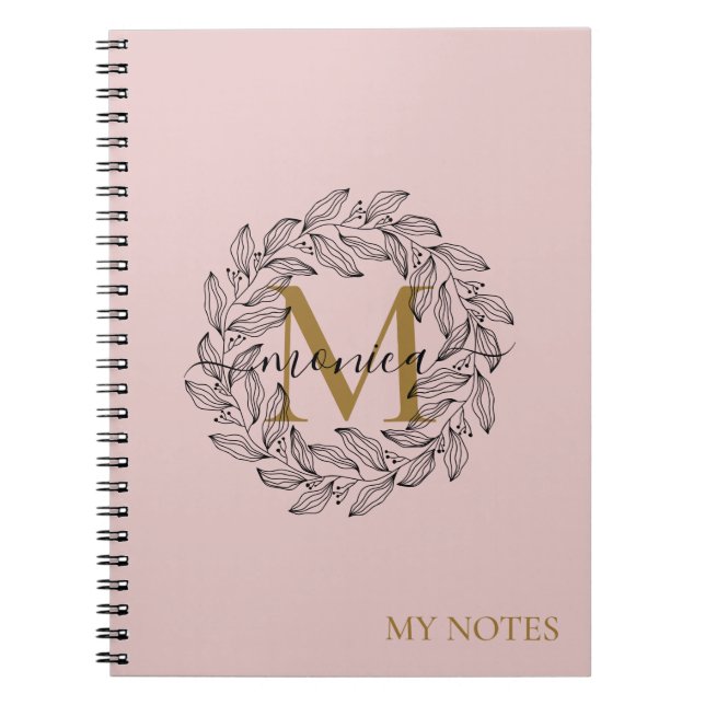 Eleganter Rosa Girly Floral Gold Monogram Name Notizblock (Vorderseite)