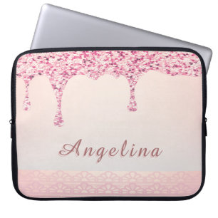 Eleganter Rosa Glam Glitter Tropf Spitze Junggesel Laptopschutzhülle