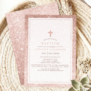 Eleganter rosa Glitter mit Kreuz-Taufe Einladung