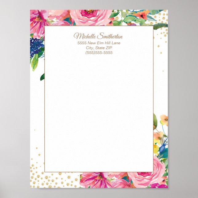 Eleganter rosa Glitzer Flora Letterhead Poster (Vorne)