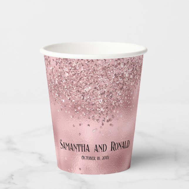 Eleganter rosa Glitzer & Foil Wedding Paper Cups Pappbecher (Vorderseite)