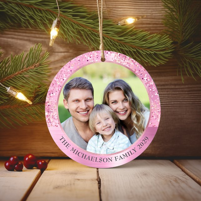 Eleganter Rosa Glitzer Foto Metallische Weihnachte Keramik Ornament (Elegant Pink Glitter Photo Metallic Christmas Ceramic Ornament)