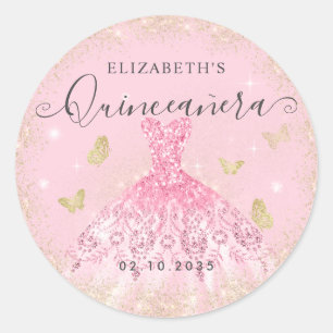 Eleganter Rosa Glitzer Gown Quinceañera Runder Aufkleber