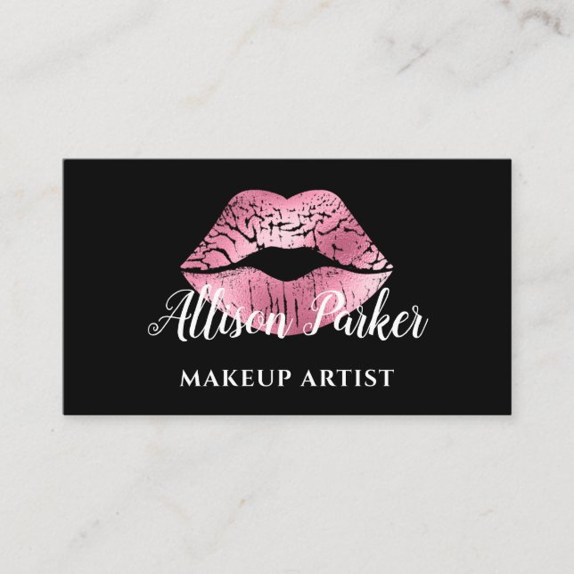 Eleganter rosa Glitzer Kiss Makeup Artist Visitenkarte (Vorderseite)