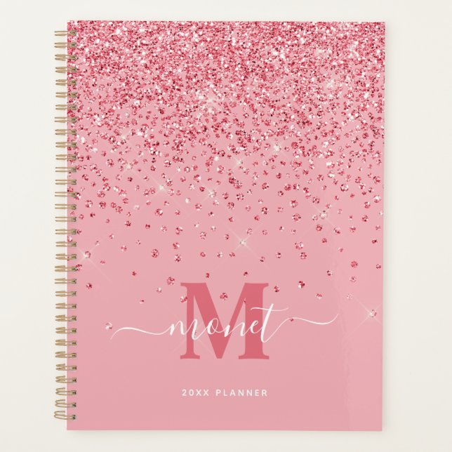 Eleganter rosa Glitzer Mit Monogramm Name Planer (Vorderseite)