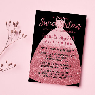 Eleganter Rosa Glitzer Prinzessin Dress Sweet 16 Einladung