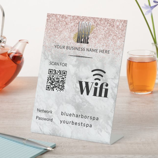 Eleganter rosa Glitzer Wifi QR-Logo Sockelschild (In Situ)