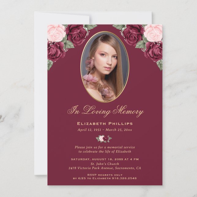 Eleganter Rosa-Gold-Foto-Gedenkservice Einladung (Vorderseite)