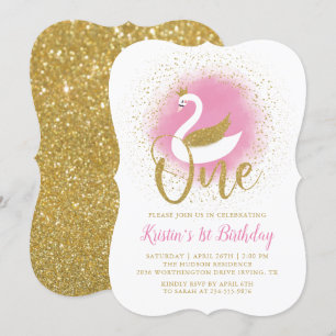 Eleganter Rosa Gold Swan Princess Girl 1. Geburtst Einladung