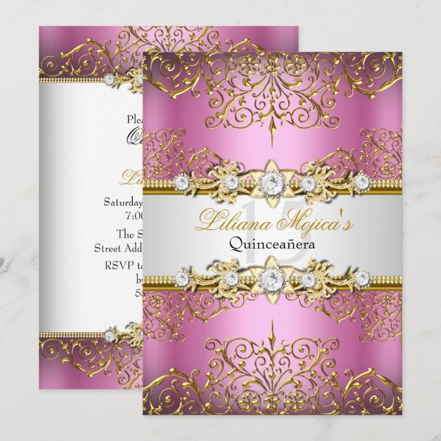 Eleganter Rosa Gold Vintager Glamour Quinceanera Einladung (Vorne/Hinten)