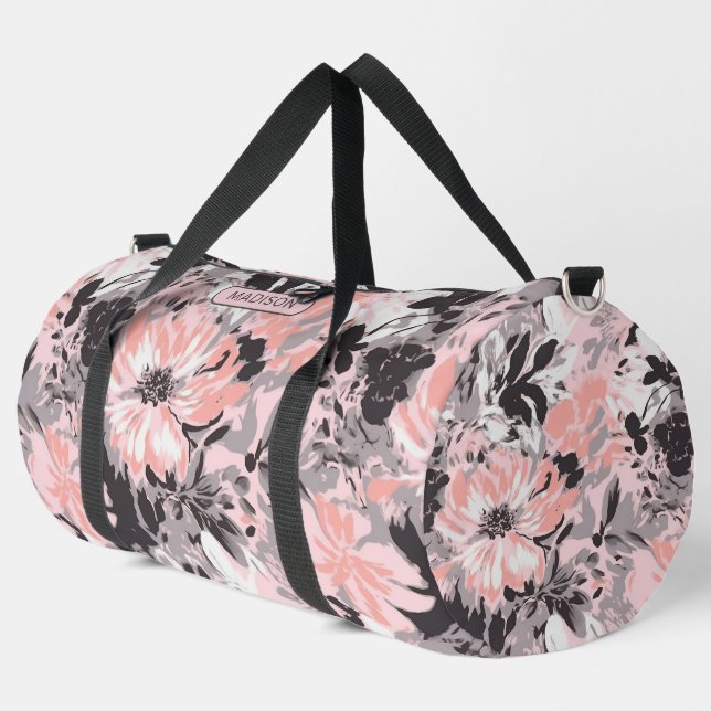 Eleganter rosa, graue, florale Muster Personalisie Duffle Bag (Linke Ecke)