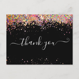 Eleganter rosa holografischer Glitzer Black Danke Postkarte