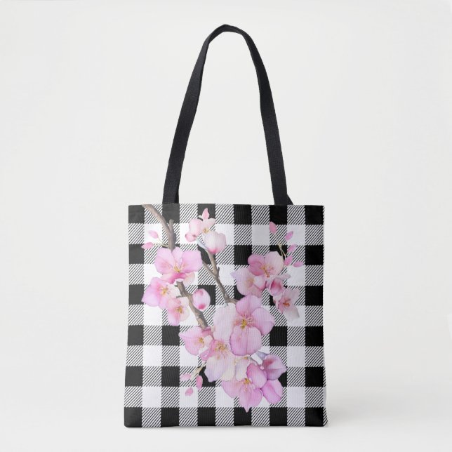 Eleganter Rosa Kirschblüten Schwarz-weißer Gingham Tasche (Vorderseite)