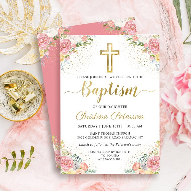 Eleganter rosa Korallenblume Gold Glitzer Taufe Einladung (Von Creator hochgeladen)