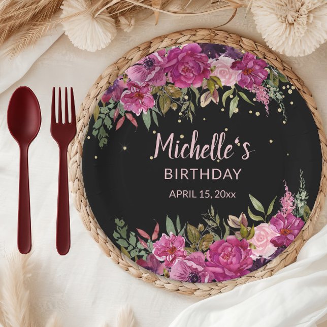 Eleganter rosa Lila floraler Glitzer Schwarzer Geb Pappteller (Pink and burgundy watercolor floral on black birthday party paper plate)