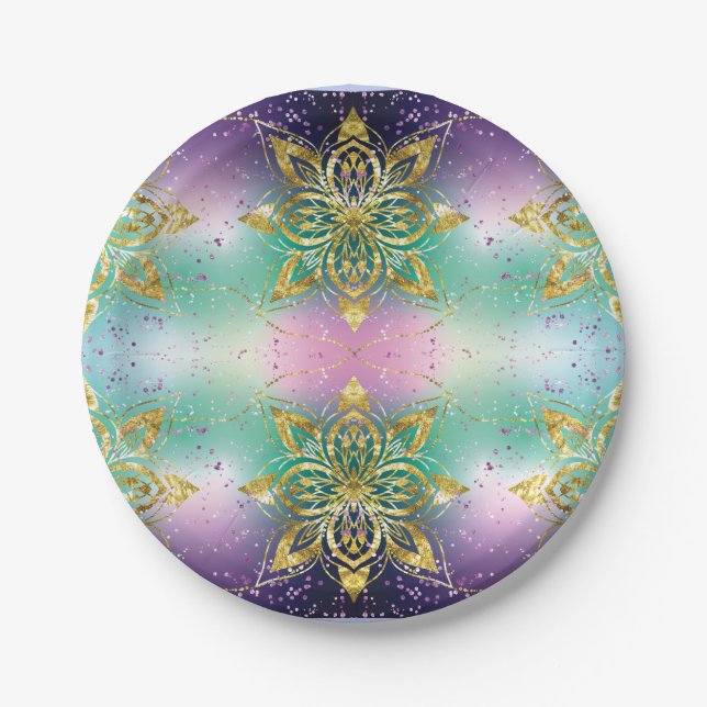 Eleganter Rosa lila grüner Urlaub Snowflakes Stars Pappteller (Vorderseite)