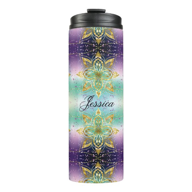 Eleganter Rosa lila grüner Urlaub Snowflakes Stars Thermosbecher (Vorderseite)