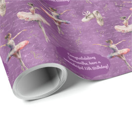 Eleganter, rosa Lila Name Age Text Ballerina Geschenkpapier