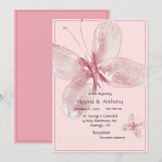 Eleganter rosa Mauve Watercolor Butterfly Einladung (Vorne/Hinten)