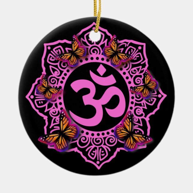 Eleganter Rosa Om Mandala Design Schmetterlinge Keramik Ornament (Vorne)
