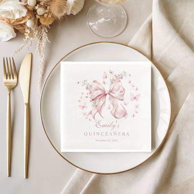 Eleganter Rosa Perlen Perlen Quinceanera Geburtsta Serviette (Coquette Pink Bow and Pearls with wilflowers and butterflies Quinceanera Birthday Napkin)