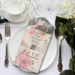 Eleganter rosa Pfirsich-Aquarell-Blumen-QR-Code-Fo All In One Einladung