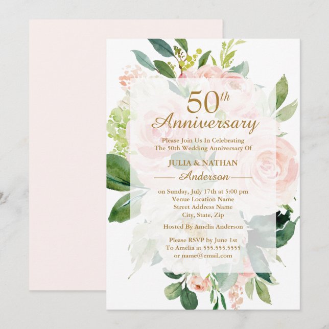 Eleganter rosa Pfirsichblut 50. Hochzeitstag Einladung (Vorne/Hinten)