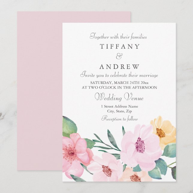Eleganter, rosa Pfirsichgelb, florale Hochzeitsemp Einladung (Vorne/Hinten)