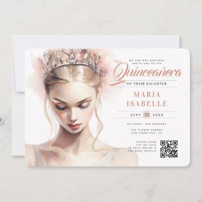 Eleganter rosa Prinzessin QR Code Quinceañera Einladung (Vorderseite)