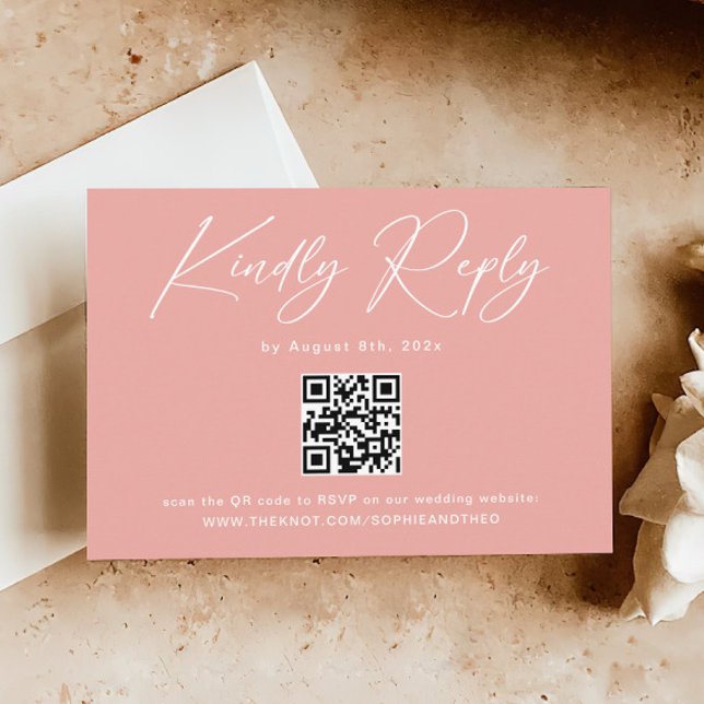 Eleganter rosa QR Code Hochzeit RSVP Begleitkarte (Von Creator hochgeladen)