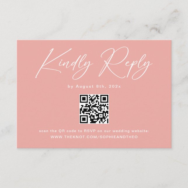Eleganter rosa QR Code Hochzeit RSVP Begleitkarte (Vorderseite)