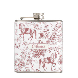 Eleganter rosa Reitsport-Blumen-Toile-Name Flachmann
