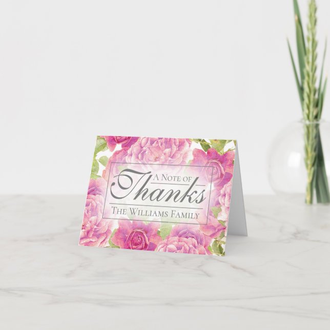 Eleganter rosa Rose Floral Familienname Dankeskarte (Vorderseite)