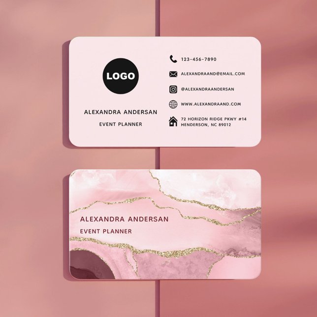 Eleganter Rosa Rose Gold Agate Marmor Glitzer Visitenkarte (Chic Blush Pink Gold Glitter Marble Agate Social Business Card)