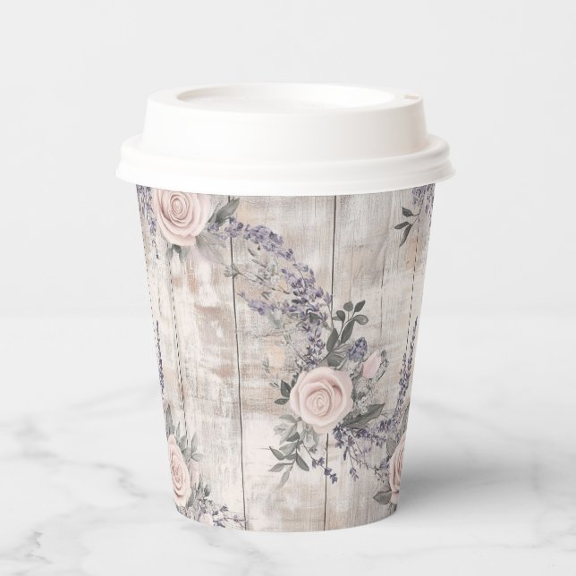 Eleganter rosa Rose und Lavender Wedding Paper Cup Pappbecher (Vorderseite)