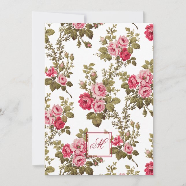 Eleganter rosa Rosen mit monogramm-weißem Hintergr Mitteilungskarte (Vorderseite)