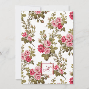 Eleganter rosa Rosen mit monogramm-weißem Hintergr Mitteilungskarte