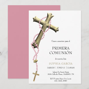 Eleganter rosa Rosenkranz & goldenes Kreuz Kommuni Einladung