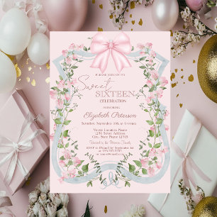 Eleganter rosa Schleifen-Blumenrahmen Sweet 16   Einladung