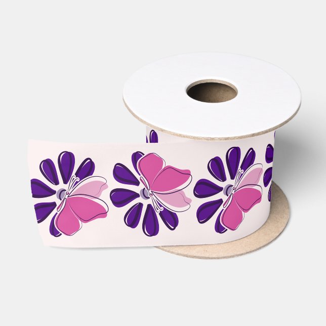 Eleganter Rosa Schmetterling und Lila Blume auf Ro Satinband (Spule)
