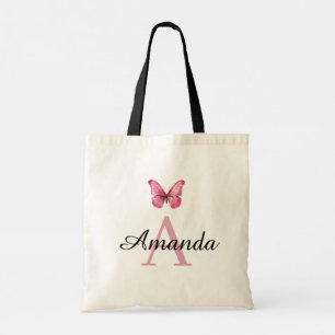 Eleganter rosa Schmetterlingsname Monogrammiert Tragetasche